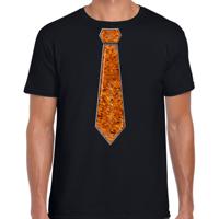 Verkleed t-shirt voor heren - stropdas oranje - pailletten - zwart - carnaval - foute party - thumbnail