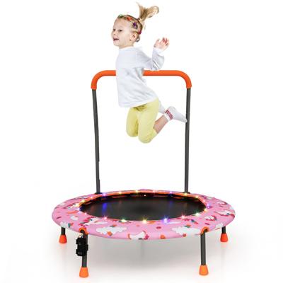 Φ92 cm Kindertrampoline Gevoerde Veiligheidshandgreep voor Kinderen met Led-Verlichting Ronde Springmat en Beschermhoes-Roze
