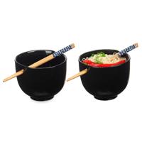 Pokebowl/ramen/noedels servies set - 2x - kommetje en chopsticks - keramiek - zwart - sushi eet set