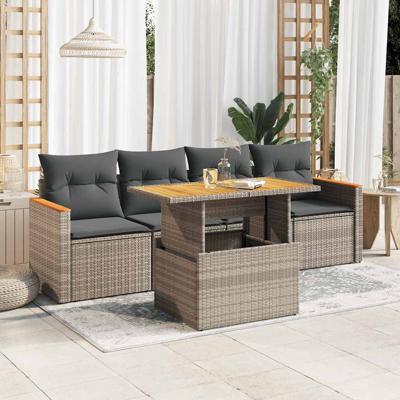 5-delige Loungeset met kussens poly rattan acacia grijs