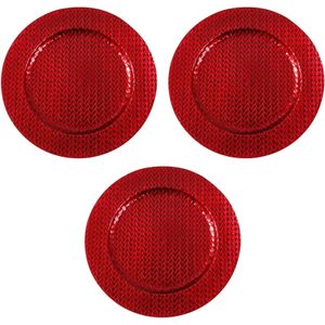 3x Kaarsenborden/plateaus rood vlechtpatroon 33 cm rond