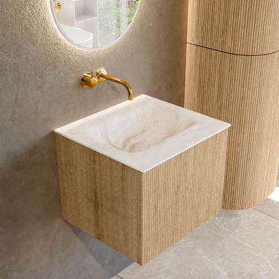 Badmeubel Mondiaz Kurve-Dlux | 50 cm | Meubelkleur Oak | Wastafelkleur Frappe | Solid surface | Midden spoelbak | Zonder kraangat(en)