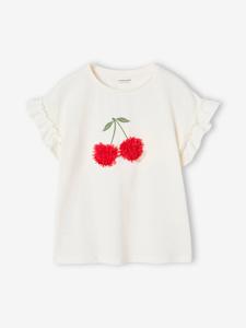 Meisjes-T-shirt met iriserend motief en korte mouwen met ruches wit