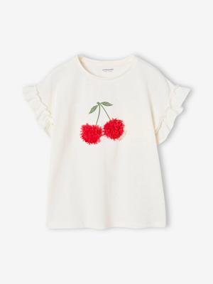 Meisjes-T-shirt met iriserend motief en korte mouwen met ruches wit