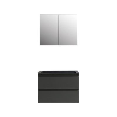 Badkamermeubel BWS Pepper Wastafel Acryl Mat Zwart Incl Spiegelkast 2 Deurs Zonder Kraangat 80x55x46 cm Antraciet
