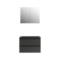 Badkamermeubel BWS Pepper Wastafel Acryl Mat Zwart Incl Spiegelkast 2 Deurs Zonder Kraangat 80x55x46 cm Antraciet