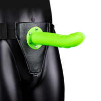 Ouch! by Shots Glow in the Dark Textured Curved Hollow Strap-On - 8 / 20 cm - Neon Green