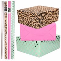8x Rollen transparante folie/inpakpapier pakket - panterprint/roze/groen met stippen 200 x 70 cm - Cadeaupapier - thumbnail
