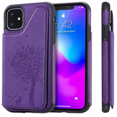 Voor iPhone XIR (2019) kat boom reliëf patroon schokbestendige beschermhoes met kaartsleuven & fotolijstjes (paars)
