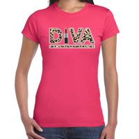 Diva lipstick fun tekst t-shirt voor dames roze met panter print - thumbnail