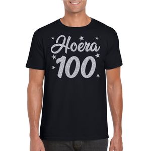 Hoera 100 jaar verjaardag cadeau t-shirt zilver glitter op zwart heren