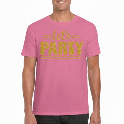 Verkleed T-shirt voor heren - lets party - roze - glitter goud - carnaval/themafeest