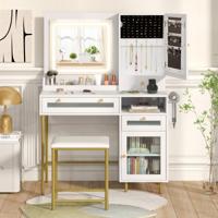 Kaptafel en Krukset Make-Uptafel met 3-Kleuren LED-Spiegel Oplaadstation Sieradenkast en Lades Moderne Kaptafel Wit