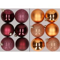 12x stuks kunststof kerstballen mix van aubergine en koper 8 cm