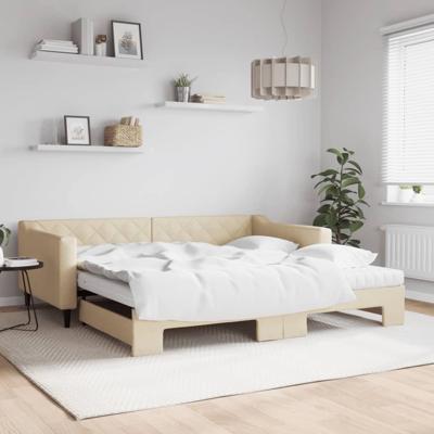 Slaapbank met onderschuifbed en matrassen 100x200 cm stof crème