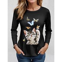 Dames T-shirt 100% katoen Kat Vlinder Afdrukken Dagelijks Stijlvol Casual Lange mouw Strakke ronde hals Zwart Lente Herfst Lightinthebox