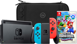 Nintendo Switch Rood/Blauw + Super Mario Bros. Wonder + BlueBuilt Beschermhoes