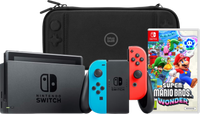 Nintendo Switch Rood/Blauw + Super Mario Bros. Wonder + BlueBuilt Beschermhoes
