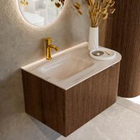 Badmeubel Mondiaz Kurve-Dlux | 75 cm | Meubelkleur Walnut | Wastafelkleur Meli | Solid surface | Wasbak linker zijde spoelbak | 1 kraangat