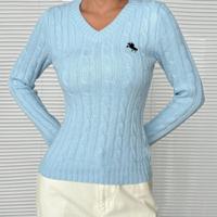 Bon&Bon Women's V-Neck Cable-Knit Sweater - Slim Fit Beige Pullover Blue / M