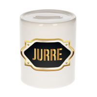 Naam cadeau spaarpot Jurre met gouden embleem - thumbnail