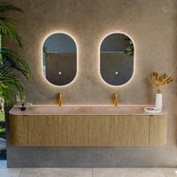 Badmeubel Mondiaz Kurve-Dlux | 200 cm | Meubelkleur Dusk | Wastafelkleur Saba | Solid surface | Wasbak beide zijden spoelbak | 2 kraangaten