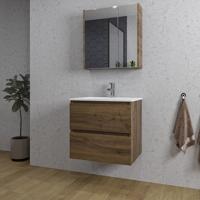 Saniclass Chaci Badkamermeubelset - 60x46x55cm - keramische wastafel wit - 1 wasbak - 1 kraangat - 2 lades - spiegelkast - noten (hout) SW1212815/SW1212758/SW812073/SW804530