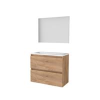 Basic-Line Basic 39 Badkamermeubelset - Ondiep - 80 x 39 cm - Greeploos - 2 Lades - Keramische Wastafel - 1 Kraangat - Spiegel - Whisky Oak