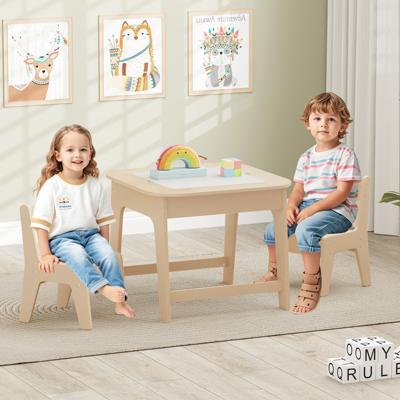 Kindertafel met 2 Stoelen 3-Delige Houten Kinderzitgroep met Dubbelzijdig Tafelblad 3-In-1 Tekentafel & Knutseltafel Naturel
