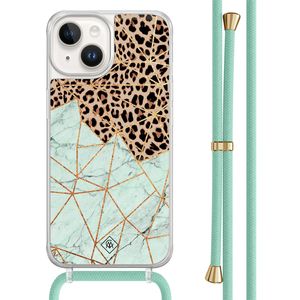 iPhone 14 hoesje met mint koord - Luipaard marmer mint