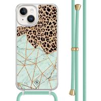 iPhone 14 hoesje met mint koord - Luipaard marmer mint