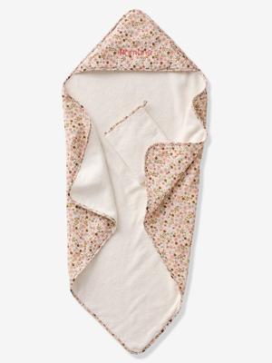 Badcape van katoengaas om te personaliseren + washandje FLORA wit, bedrukt