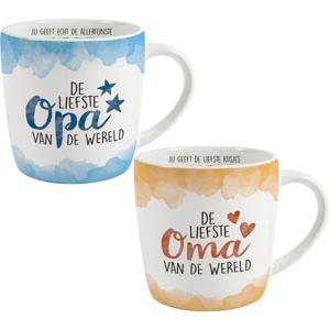 Koffie/thee mok cadeau set - lieve opa en oma - wit/oranje/blauw - porselein - 300 ml