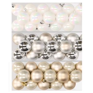 48x stuks kunststof kerstballen mix van parelmoer wit, zilver en champagne 4 cm   -