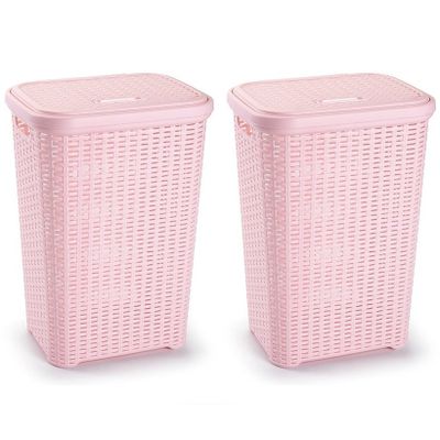 2x stuks grote rotan wasmand met deksel van 60 liter in het lichtroze