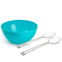 Salade serveer schaal - blauw - kunststof - Dia 28 cm - met sla couvert/bestek - Serveerschalen - thumbnail