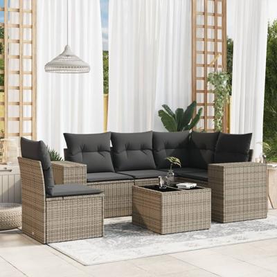 6-delige Loungeset met kussens poly rattan grijs