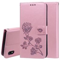 Rose reliëf horizontale Flip PU lederen case voor Galaxy A10 met houder & kaartsleuven & portemonnee (Rose goud)