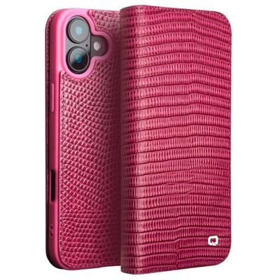 Qialino iPhone 16 hoesje - Leren bookcase - Croco Roze