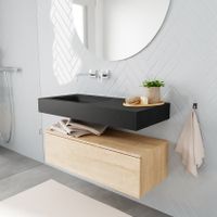 Mondiaz Alan badmeubel 100 cm washed oak 1 lade vrijhangend wastafel links zonder kraangat zwart