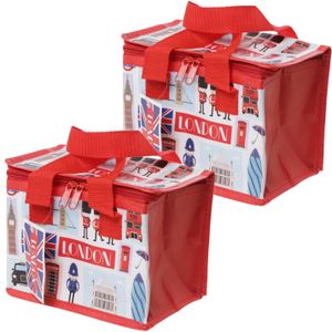 Set van 2x stuks kleine koeltassen voor lunch rood met Londense Iconen print 16 x 21 x 14 cm 4,7 l