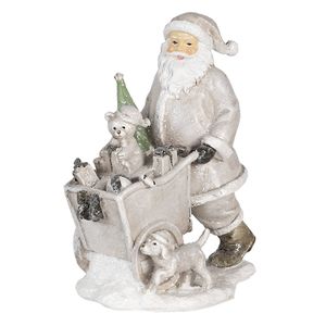 Clayre & Eef Zilvere Decoratie kerstman met kar 12*8*15 cm 6PR4728