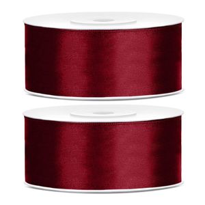 2x Hobby/decoratie bordeaux rode satijnen sierlinten 2,5 cm/25 mm x 25 meter