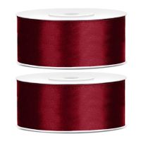 2x Hobby/decoratie bordeaux rode satijnen sierlinten 2,5 cm/25 mm x 25 meter