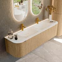 Badmeubel Mondiaz Kurve-Dlux | 170 cm | Meubelkleur Oak | Wastafelkleur Opalo | Solid surface | Dubbele spoelbak | 2 kraangaten