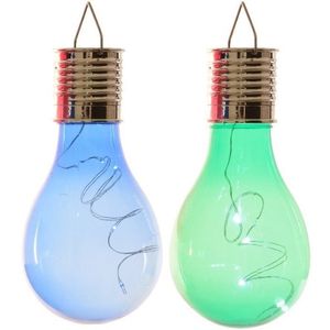 2x Buiten/tuin LED blauw/groen peertjes solar verlichting 14 cm