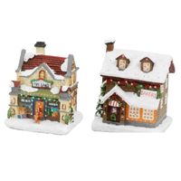 Set van 2x stuks Kerstdorp kersthuisjes bakkerij en speelgoedwinkel met verlichting 12,5 cm - thumbnail