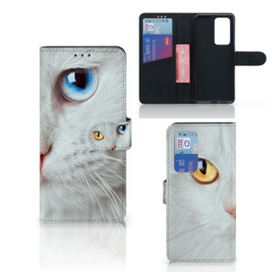 Huawei P40 Pro Telefoonhoesje met Pasjes Witte Kat