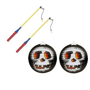 2x stuks ronde lampion 26 cm doodskop zwart inclusief lampionstokjes