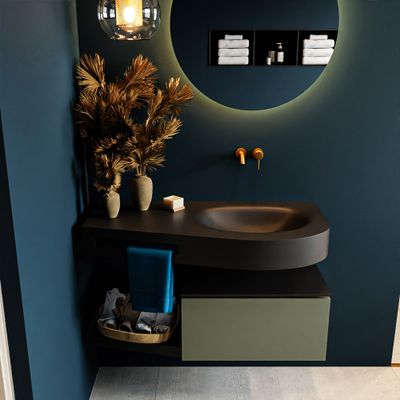 MONDIAZ RIVA 100cm badmeubel onderkast / planchet kleur Army met 1 lade. Wastafel DULCET rechts 0 kraangaten kleur Urban. MONDIAZ RIVA 100cm badmeubel onderkast / planchet kleur Army met 1 lade. Wastafel DULCET rechts 0 kraangaten kleur Urban.